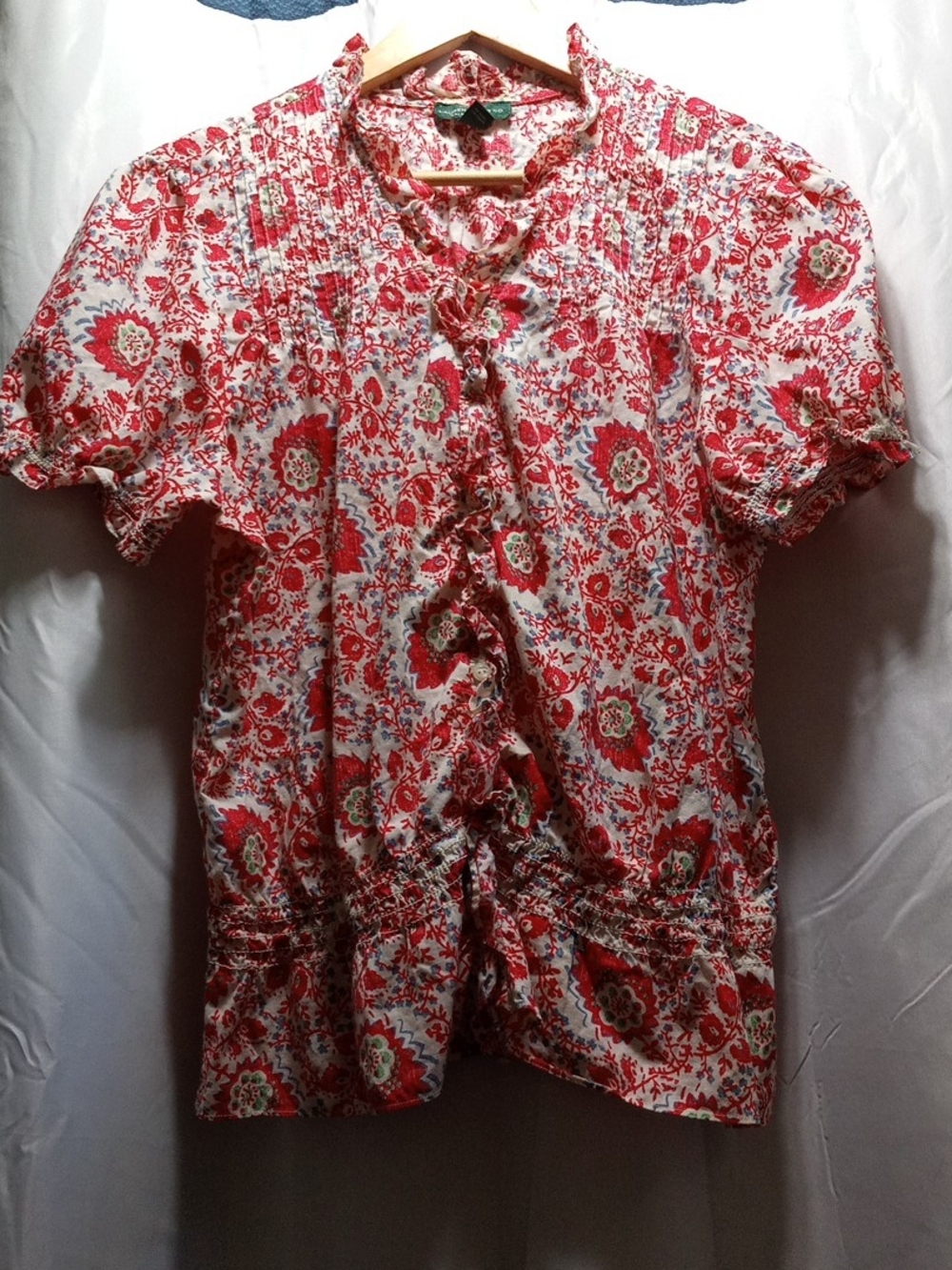 Lauren Ralph Lauren Red and White Floral Ruffled Short-Sleeve Blouse